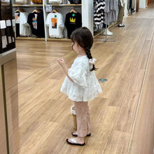 2024夏季新款童装 韩版童装 女童压皱喇叭袖娃娃衫 裙摆式衬衫