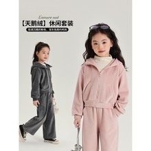 上新天鹅绒简约连帽纯色女童套装2024秋季儿童休闲上衣长裤套装