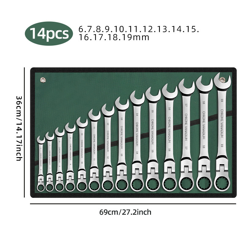 Ratchet wrench set with swivel head, 72-tooth quick dual-use open-end wrench, 6-15pcs cloth bag set, complete tool set