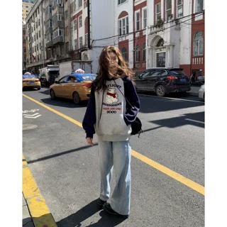 美式小熊贴布绣卫衣女2026秋冬新款宽松显瘦加绒上衣