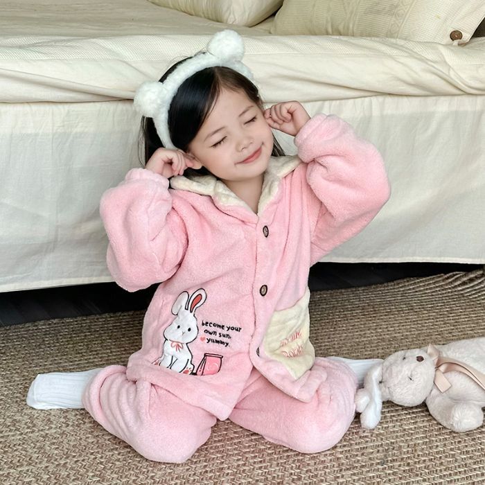 어린이 가을 겨울 잠옷 세트 소녀 두꺼운 플란넬 겨울 소녀 산호 양털 2024 새 집 옷