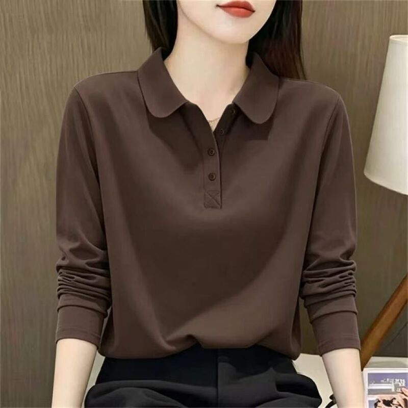2026 Autumn Versatile Elegant Middle-Aged Mom's Lapel Long-Sleeve T-Shirt Women's Fashionable Age-Reducing Solid Color Polo Shirt 2026 Autumn Versatile Elegant Middle-Aged Mom's Lapel Long-Sleeve T-Shirt Women's Fashionable Age-Reducing Solid Color Polo Shirt