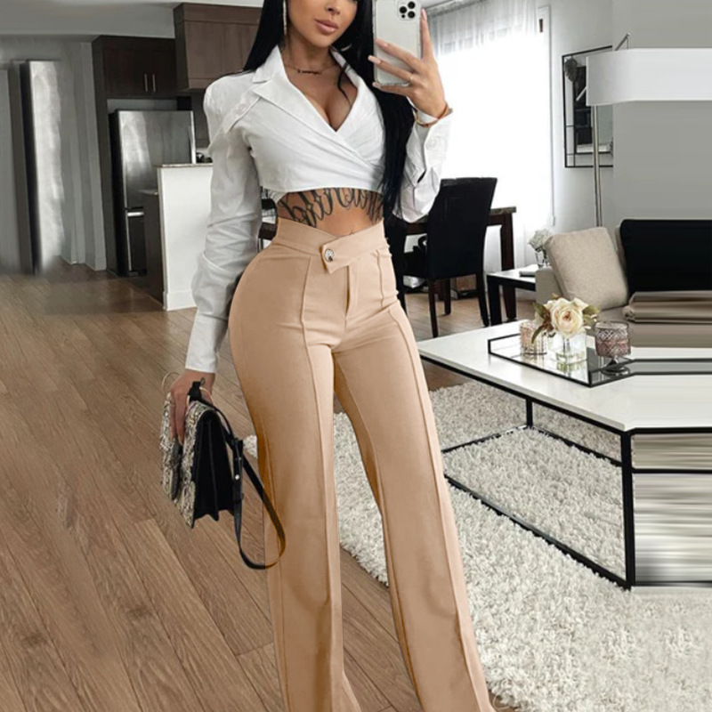 231g Weight Full Length Pants Length Cotton Blend, Polyester Fabric Type High Waist Waist Line Straight Pants Pants Type Stretchy Elasticity Daily, Street Occasion Comfort Function Regular Fit Fit Type Solid Color Pattern Spring, Autumn Season Women's Gender Casual Style Women's Daily Street Casual Solid Color Full Length Straight Pants 无