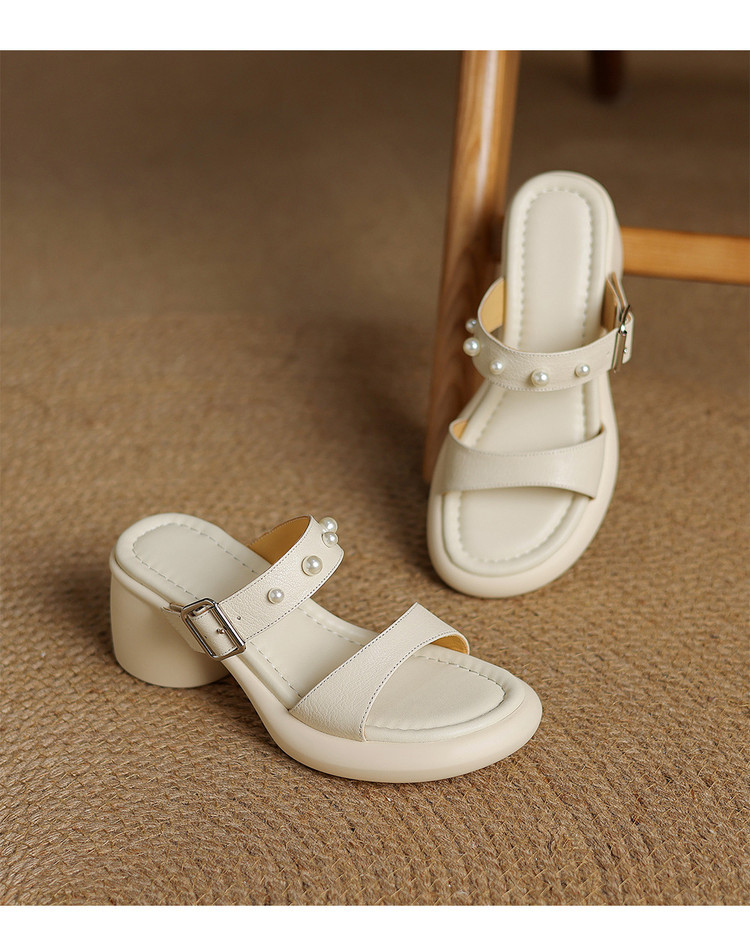 Sandal nữ hở mũi đế tăng chiều cao mùa hè, mũi tròn khóa kim loại ngọc trai — đen, Màu trắng nhạt chi tiết 12