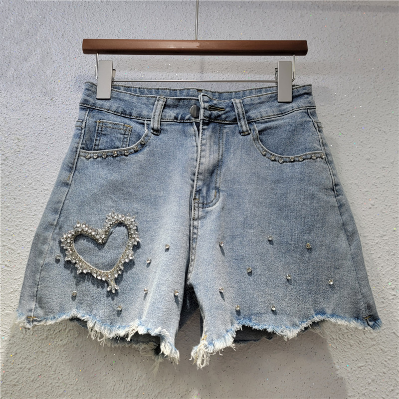 Pantalones Cortos Jeans Anchos para Mujer de Cintura Alta con Apliques para Verano