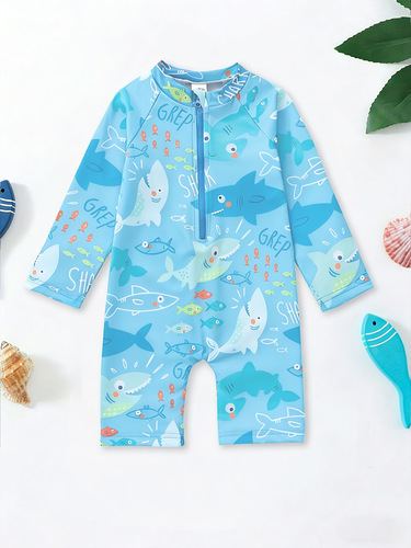 Cross-border children's swim cap, unisex swimwear, one-time dropshipping, shark-themed baby swim suit, wholesale, long-sleeved baby romper swimwear