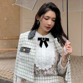 白色格子外套上衣高腰半身裙长袖翻领连衣裙三件套装 这里是外套