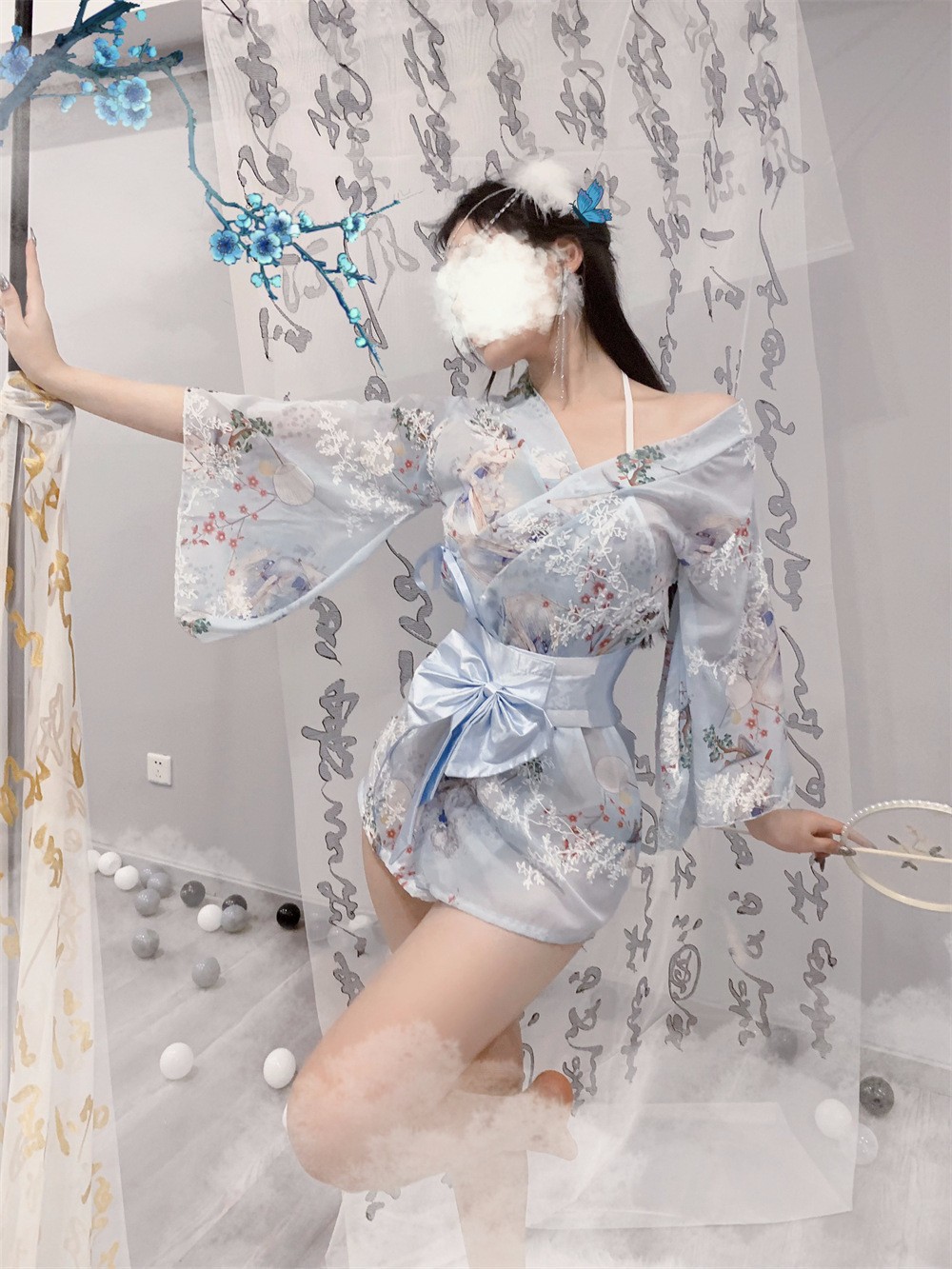 Women’s Chiffon Kimono Robe Set with Bow and White Stockings, One Size — detail image 2