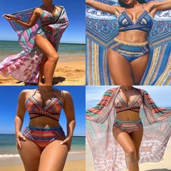 2024 New Three-Piece Swim Suit Beach Polyester Fabric European and American Import Bikini Cross-Tie Swim Suit High-Waist Scarf
