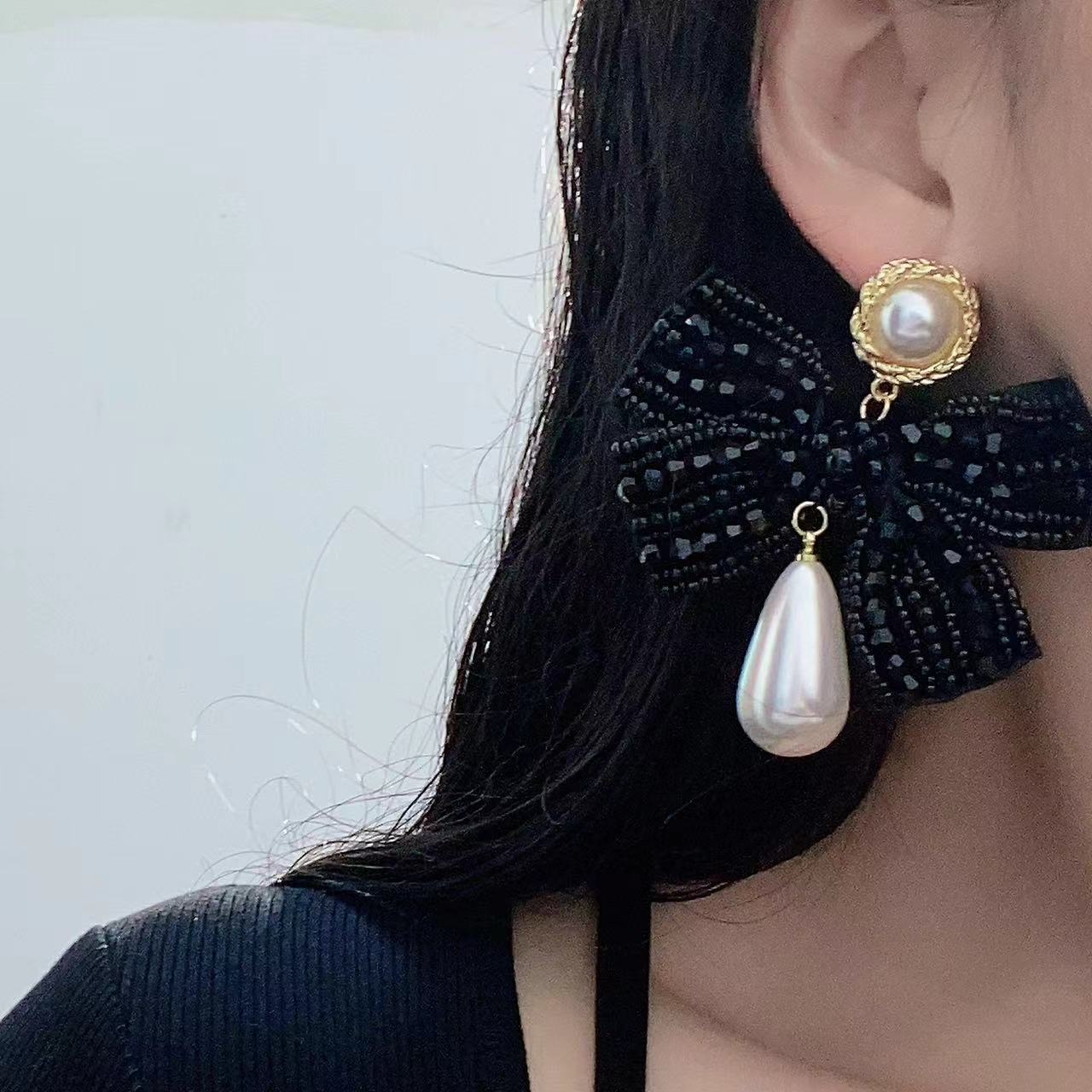 銀針滿鑽蝴蝶結水滴珍珠款吊墜耳環個性時尚耳墜ins小香風耳飾女