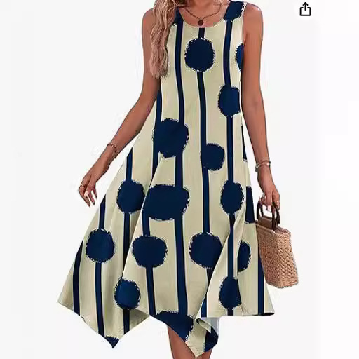 European and American cross-border women's clothing Amazon summer mid-length fashion new printed sleeveless irregular large swing dress