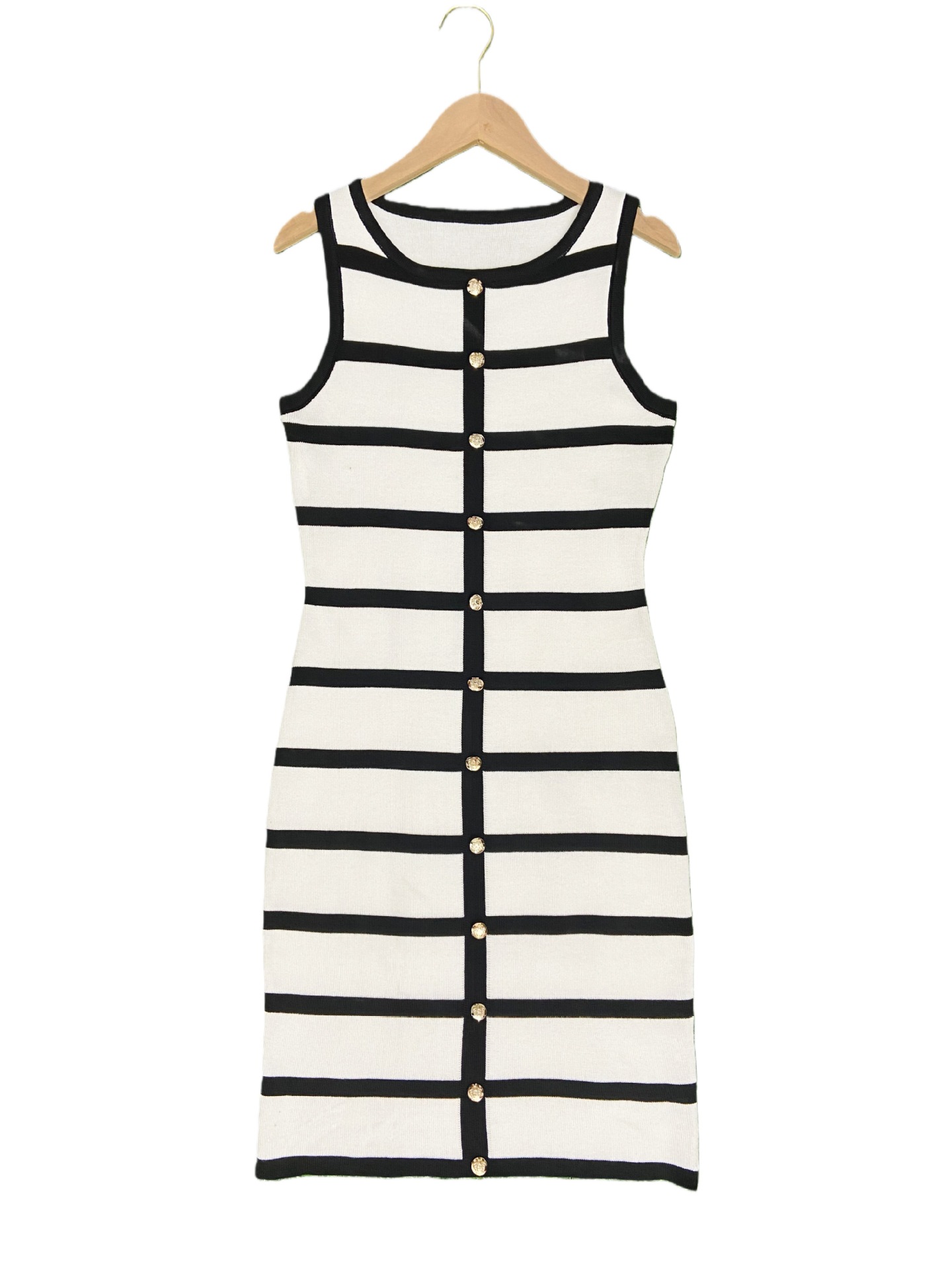 Fashion Striped Sleeveless Knit Dress With Contrast Color & Single Button - Slim Fit, Versatile, Casual & Elegant Women's Dress_ecoleips.com