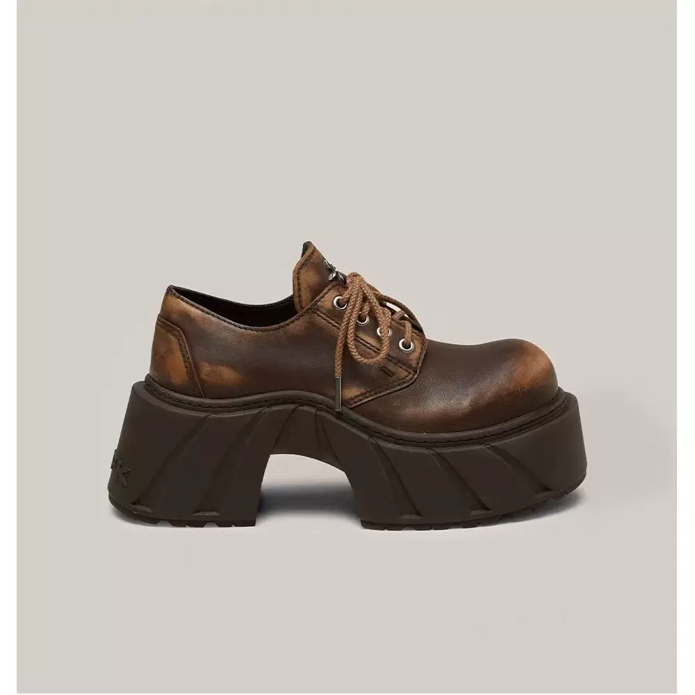 2025新款女士真皮圆头高跟单鞋幻影德比鞋复古高跟厚底增高系带鞋