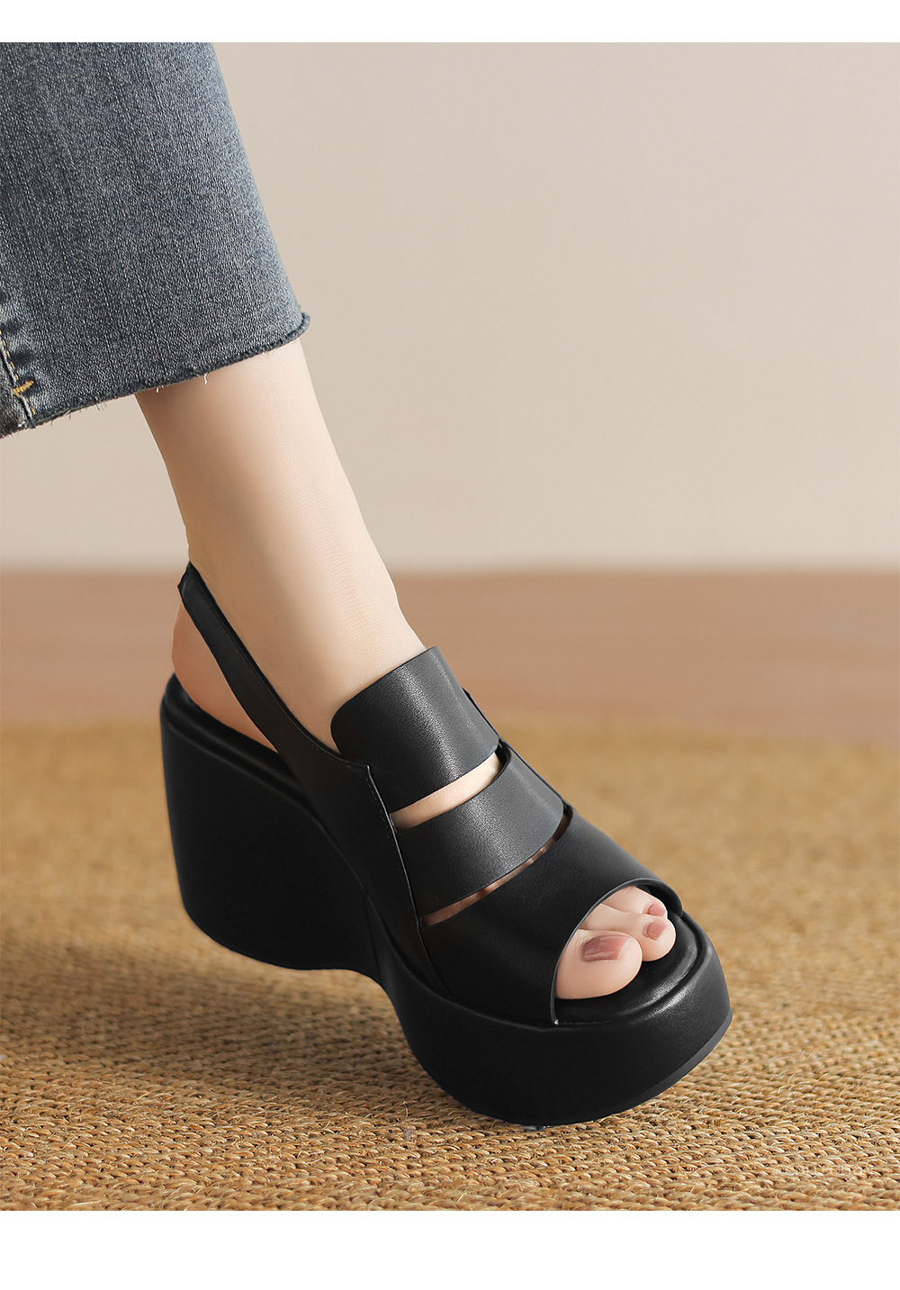 Sandal nữ đế xuồng cao gót da thật phong cách La Mã, gót 9 cm — đen, Màu trắng nhạt chi tiết 1