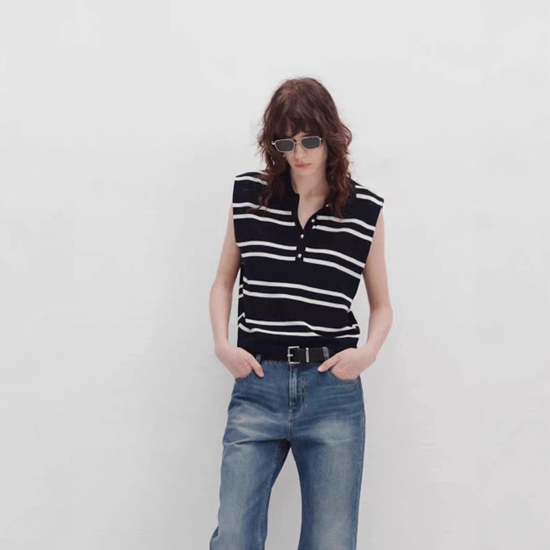 2025 Spring/Summer New Color-Block Striped Turn-Down Collar Sleeveless Knit Vest Casual Versatile Denim Top for Women