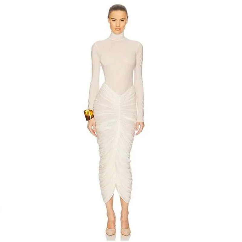 Cross-Border New Product Sexy Solid Color High-Neck Long-Sleeved Simple Dress Slim Pleated Fashion Mesh Dress Mid-Length