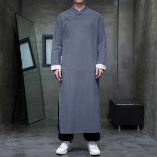 2025 Spring and Autumn Chinese Style Cotton and Linen Long Robe Retro Men's Trendy Groomsmen Performance Single-Breasted Coat