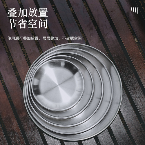 Outdoor picnic stainless steel dinner plate camping tableware barbecue heat-resistant plate five-piece set round shallow plate portable cookware