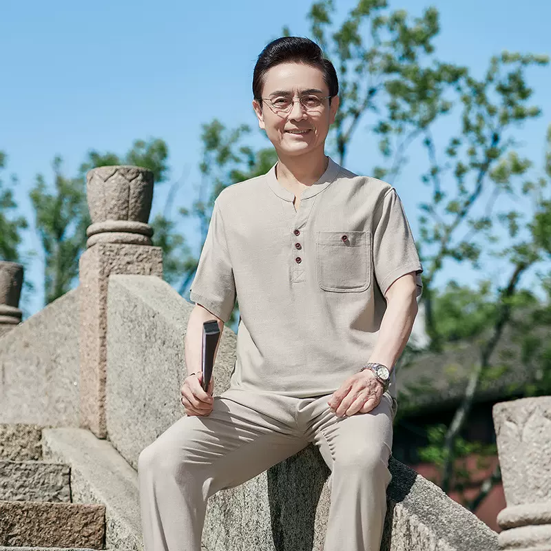 中年男士新中式棉麻唐装男短袖两件套装中国风亚麻汉服禅修居士服