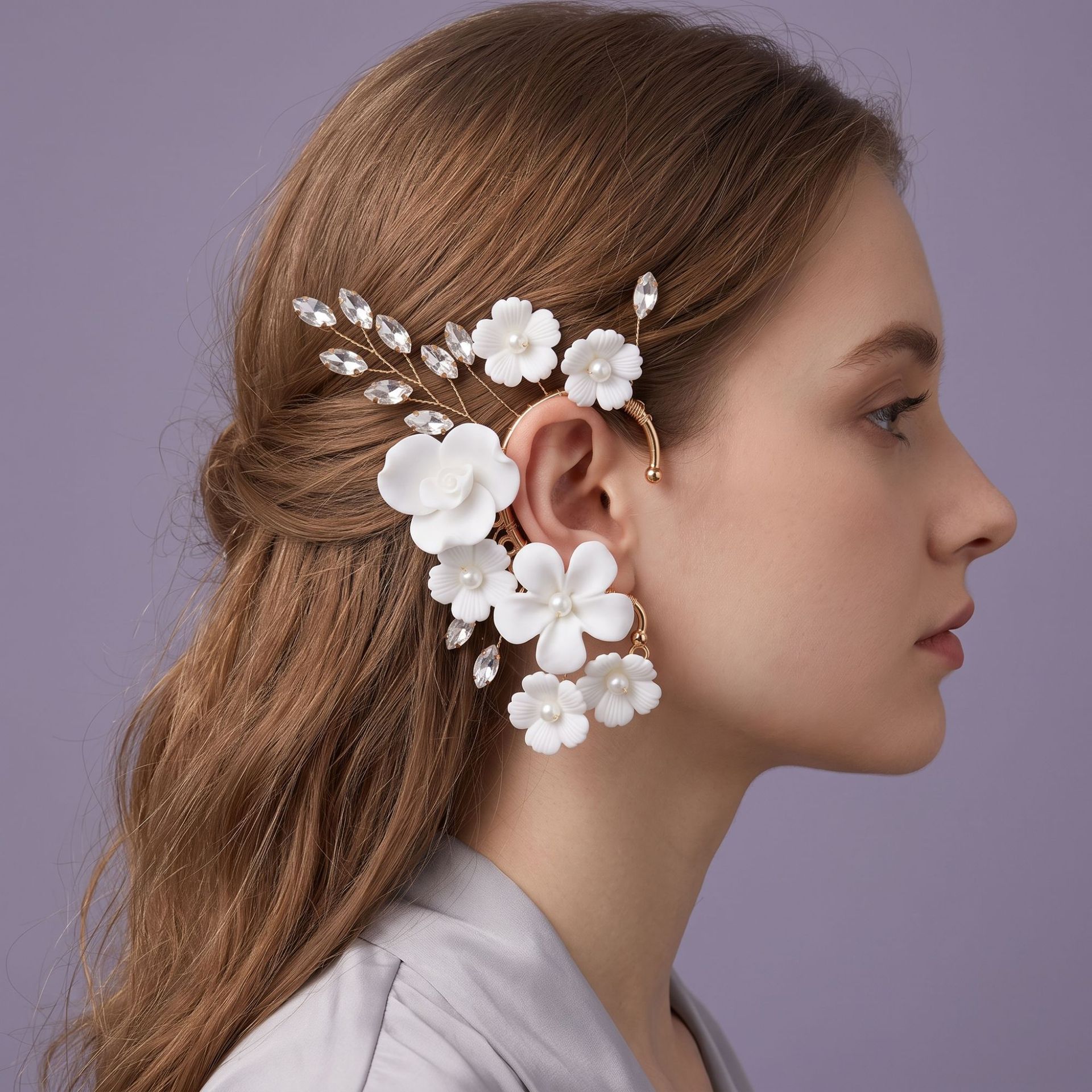 New cross-border forest-style resin flower versatile ear cuffs without ear holes, pearl birthday party photo shoot earrings wholesale