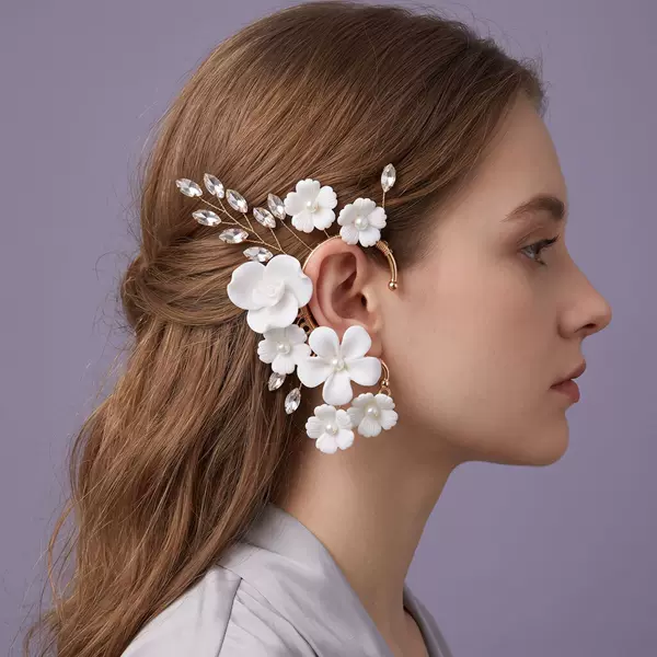New cross-border forest-style resin flower versatile ear cuffs without ear holes, pearl birthday party photo shoot earrings wholesale