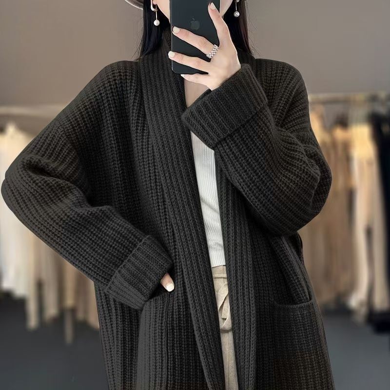 韩版秋冬季慵懒风粗线针织女毛衣开衫气质中长款宽松女外套上衣|undefined