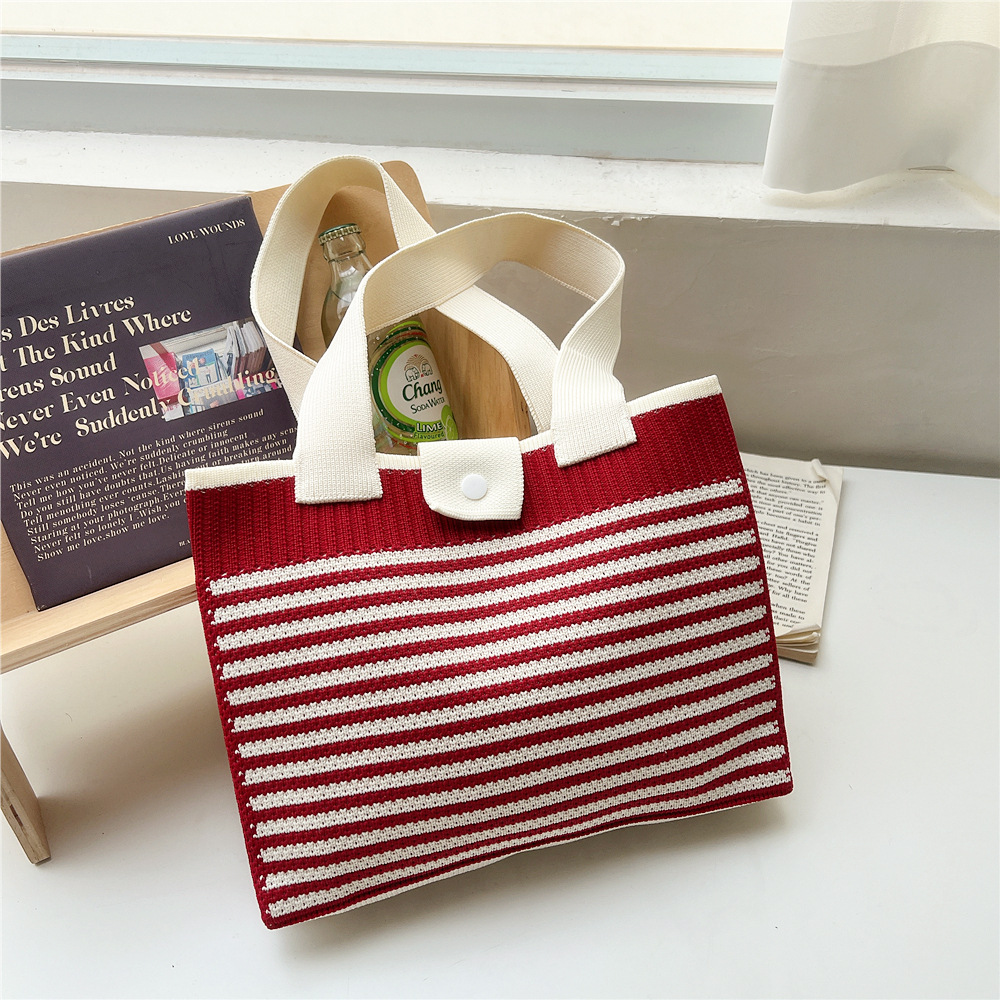 202g Weight Polyester Lining Material Buckle Closure Type Double Shoulder Straps Strap Type Tote Bag Bags Type Daily, Shopping Occasion Knit Material Stripe Pattern All Seasons Season Women's Gender Classic Style Style Medium Size Women's Medium Knit Stripe Classic Style Buckle Tote Bag 10