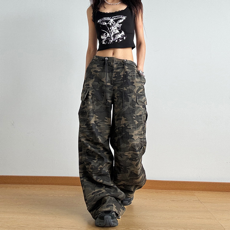 American High Street Military Green Camouflage Work Jeans for Women 2024 Straight Loose Retro Hip-Hop Style High-Waisted Wide-Leg Pants