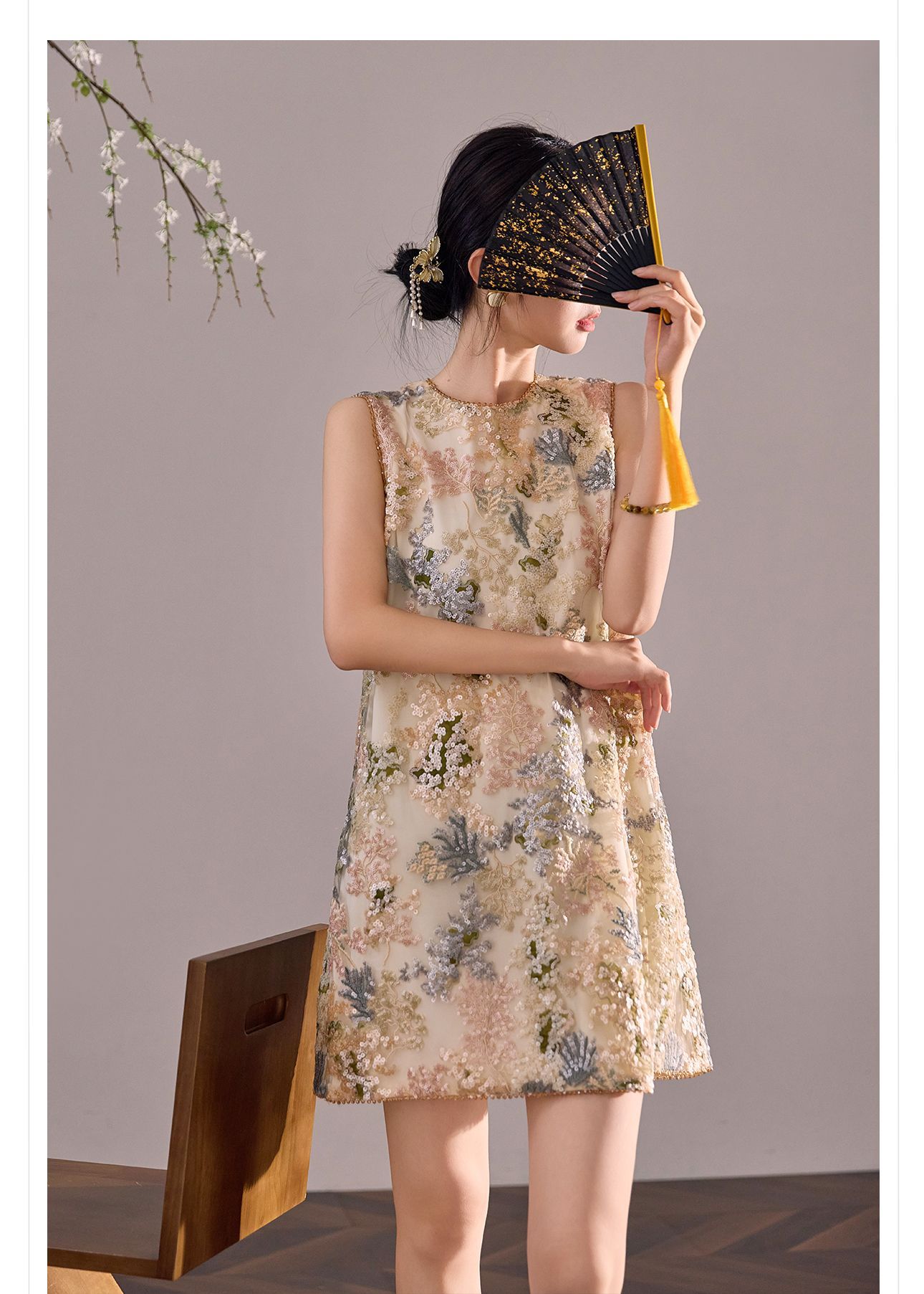 Đầm suông nữ midi tân cổ điển không tay, thêu đính cườm sequin, form chữ A — màu mơ chi tiết 12