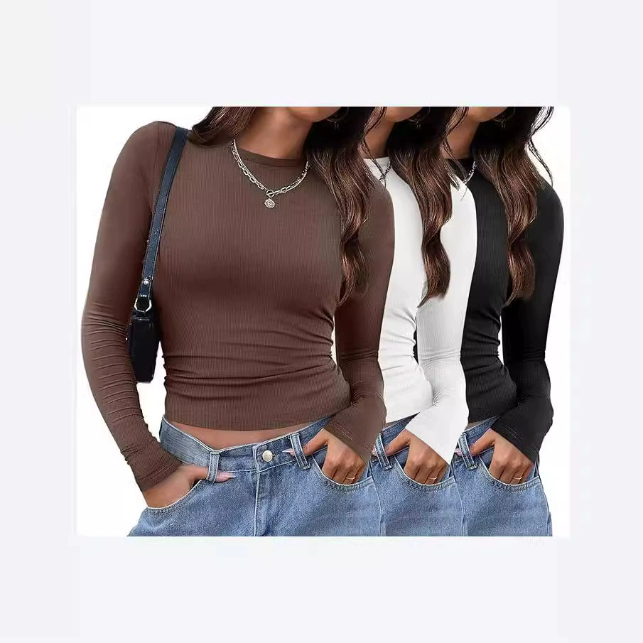Amazon Европейская и американская сексуальная тонкая футболка с длинными рукавами, тонкая женская нижняя рубашка, топ с круглым вырезом, сексуальный однотонный пуловер, женская одежда