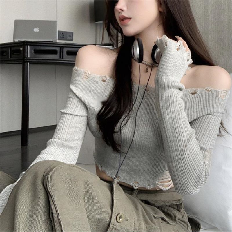 Autumn and Winter New Spice Girls Solid Color Sexy Thin Sweater Shoulder Rapped Knit Shirt Short Top Women's Base