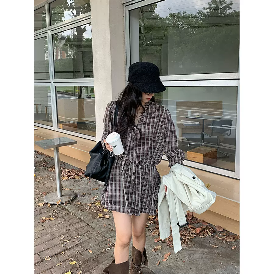 黄峥法式复古系带收腰连衣裙女2025秋季小个子格纹显瘦短裙530944