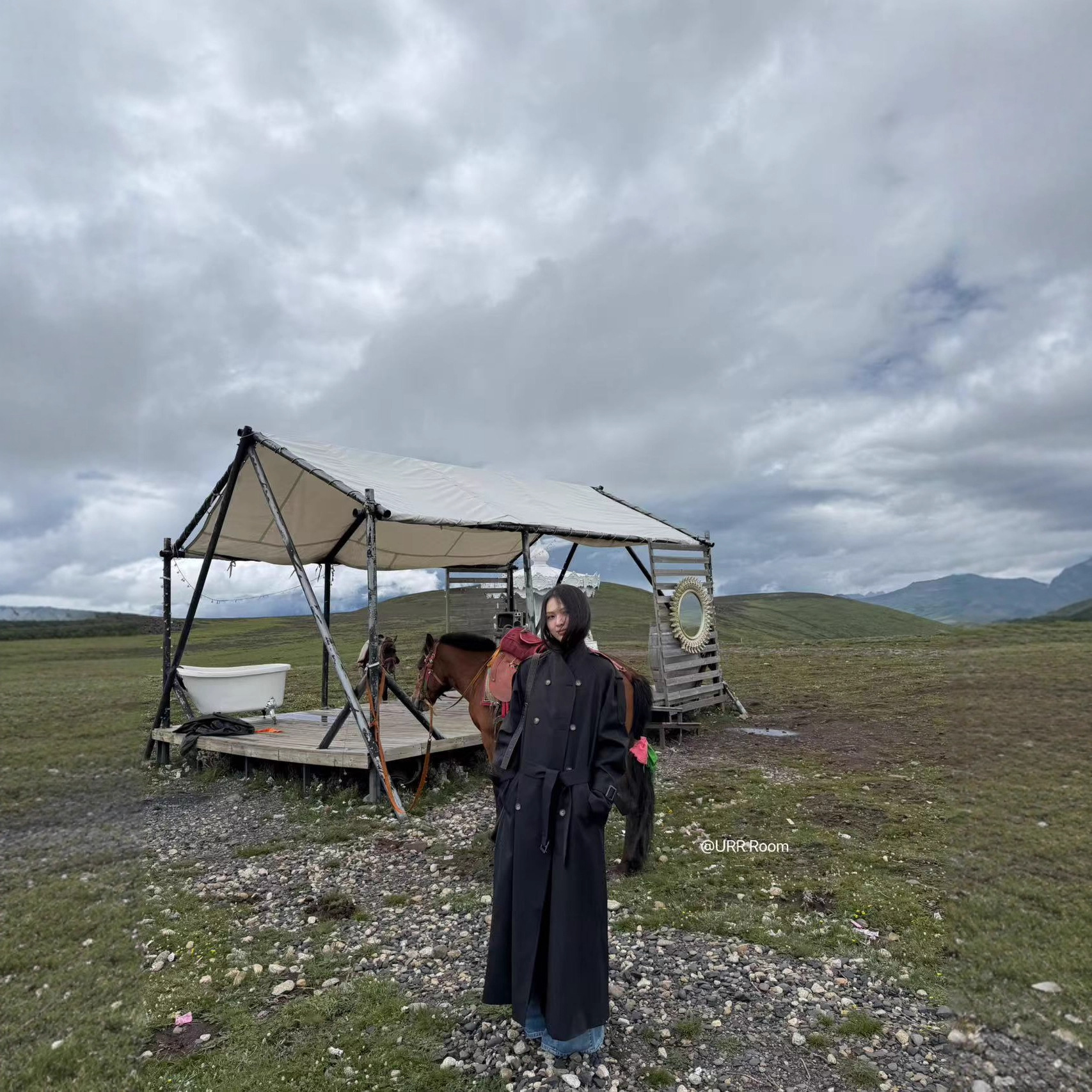 Urrroom25S Autumn Vintage Classic Style Lapel Double-Breasted Oversized Long Trench Coat British Style