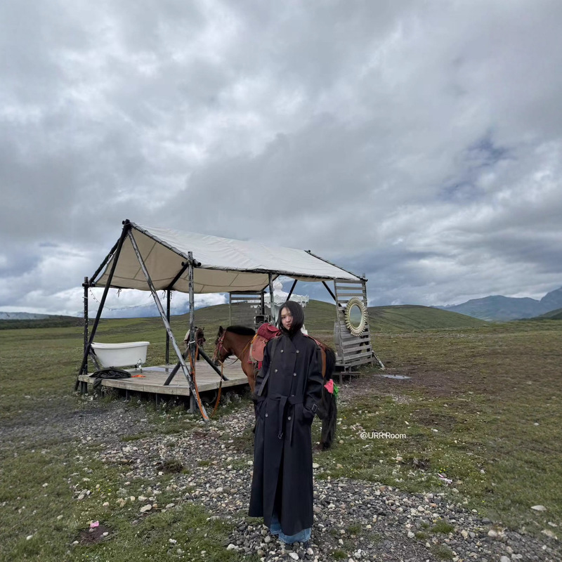 Urrroom25S Autumn Vintage Classic Style Lapel Double-Breasted Oversized Long Trench Coat British Style