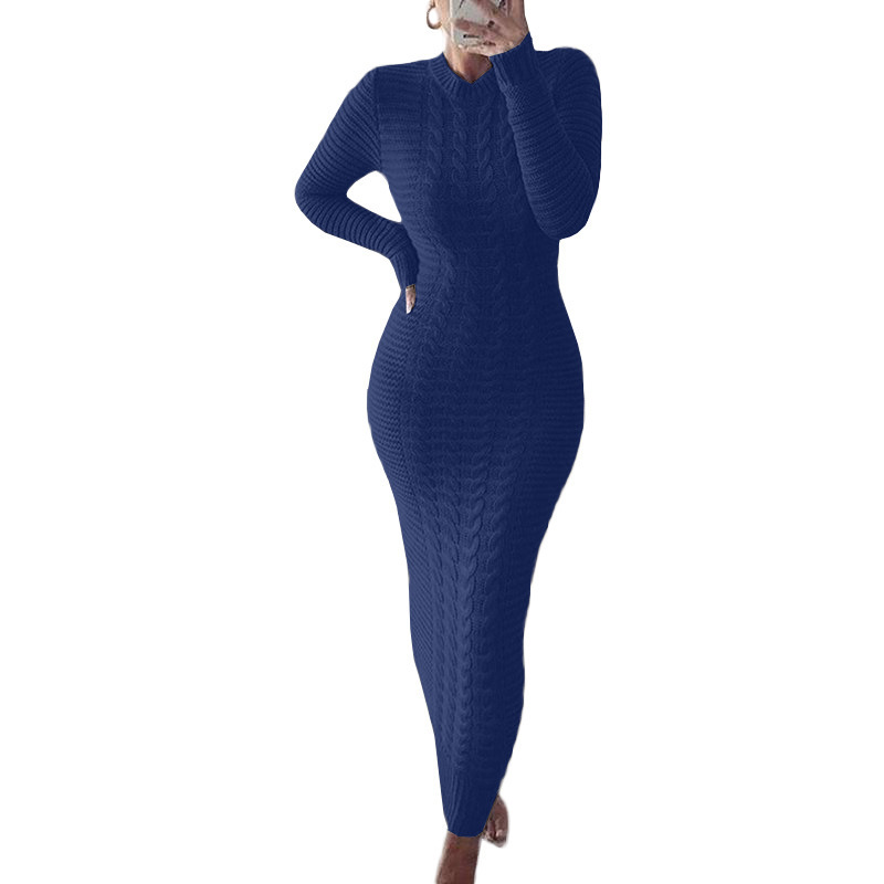 Cross-border Europe and America Amazon Long Sleeve Knitted Women's Sweater dress Knitted Base Slim Sweater Dress F0003