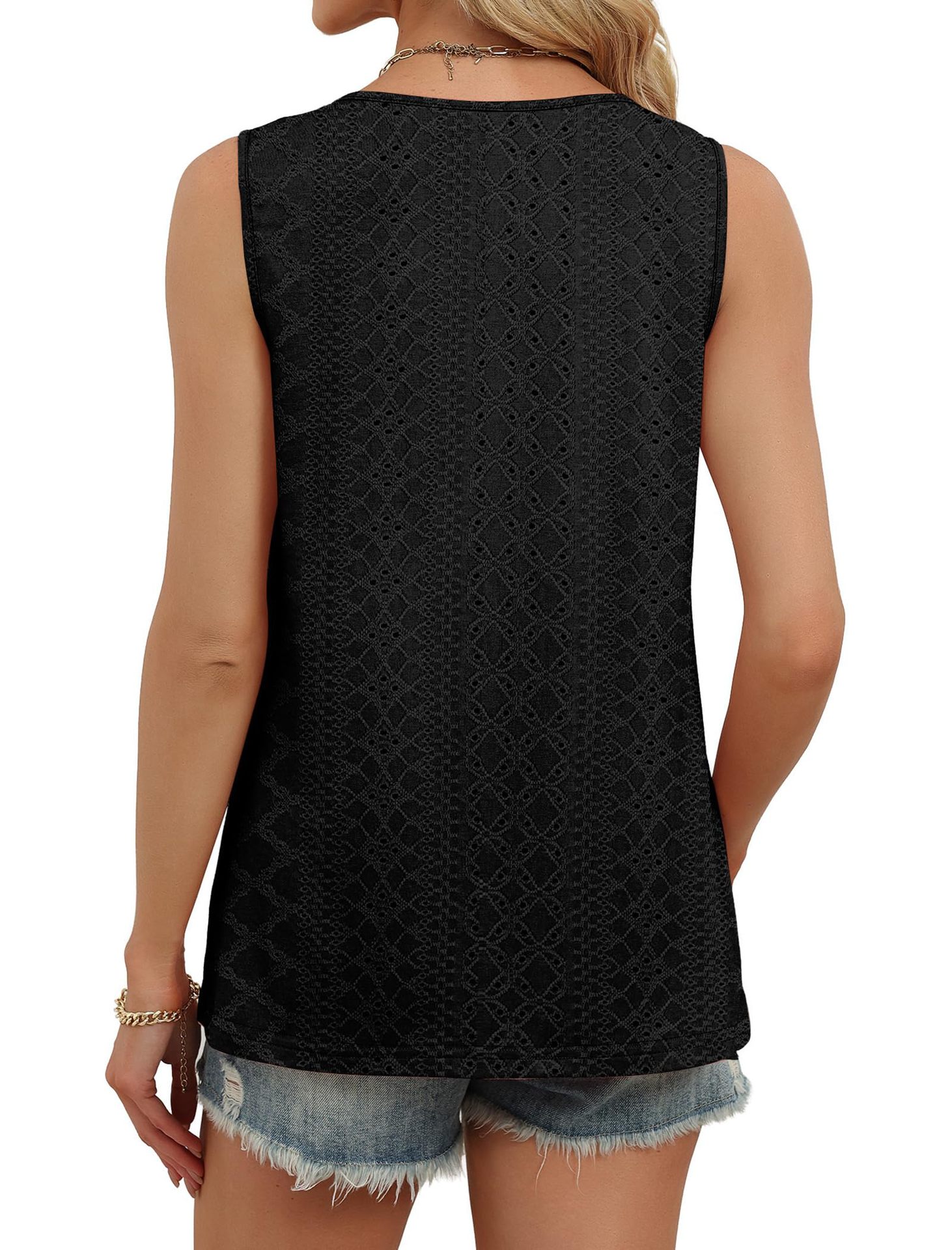 Women's Loose Casual Top V Neck Sleeveless Vest Eyelets American Summer New_ecoleips.com