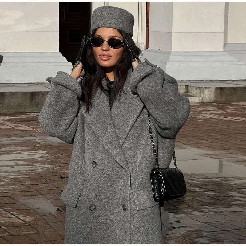 Damen 2023 Herbst Neue Kollektion Einfarbige Taschendekoration Langer Stil Temperament Pendler Wollmantel_voghion.com