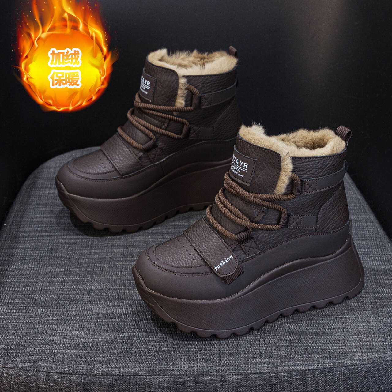Giày sneaker nữ đế dày tăng chiều cao cổ cao lót lông mùa đông phong cách thể thao đa năng — 5012-1 lông nâu, 5012 lót trắng, 5012-1 lông trắng, 5012 lót nâu