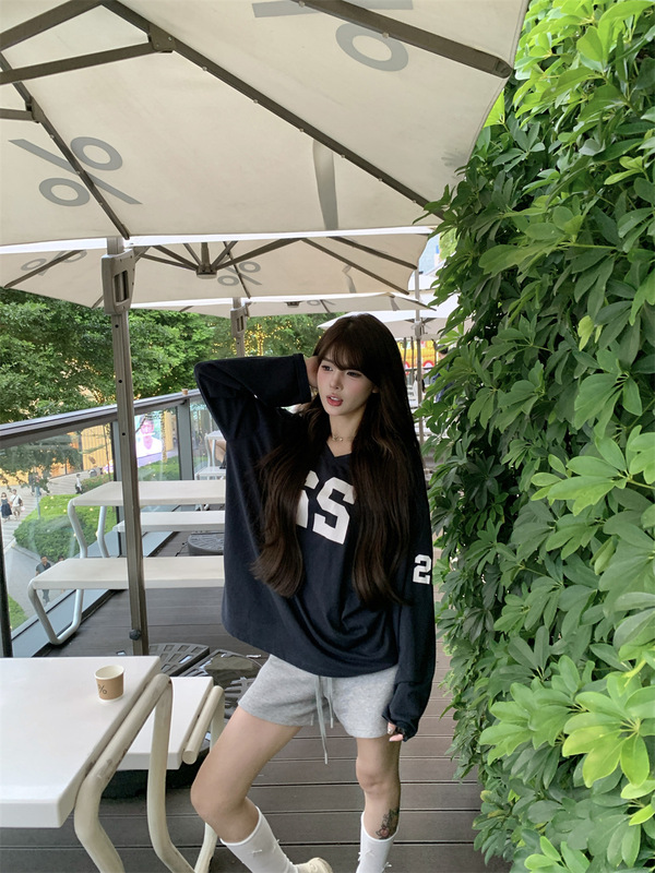 kumikumi美式辣妹复古印花V领长袖T恤女秋季宽松显瘦百搭减龄上衣|undefined