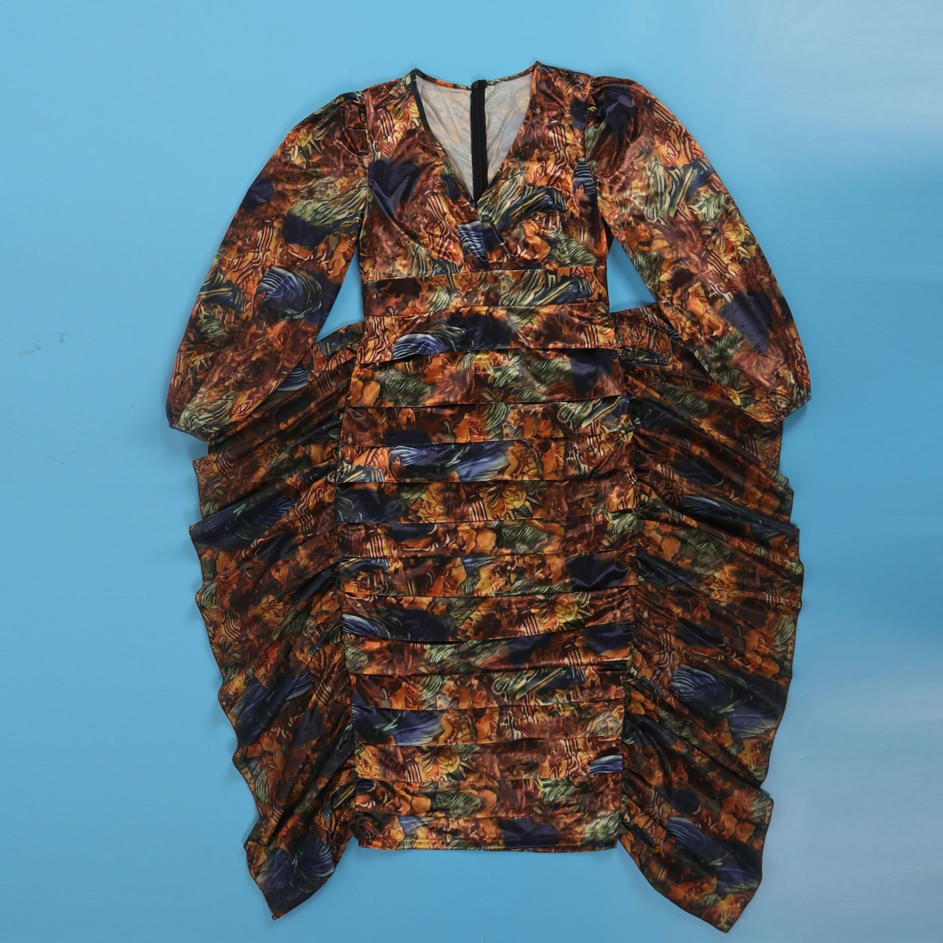 Women's Clothing Sexy Printed Ruffled Lantern Sleeve Hip Hugging Slim Fit Long Sleeve Dress_voghion.com