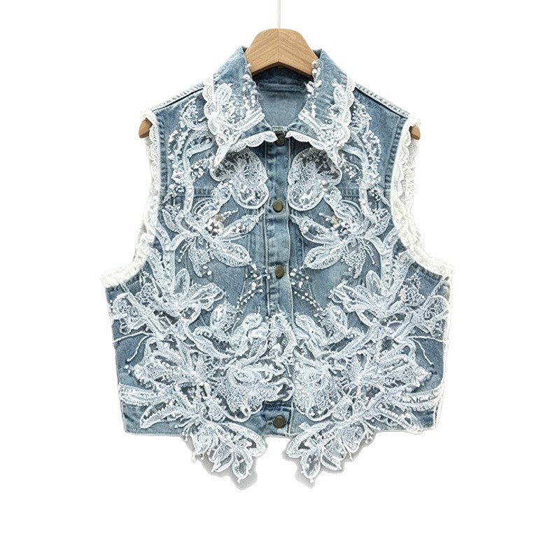 2026 verano nuevo estilo suave ropa de mujer de moda de encaje flor chaleco denim chaqueta delgada moda