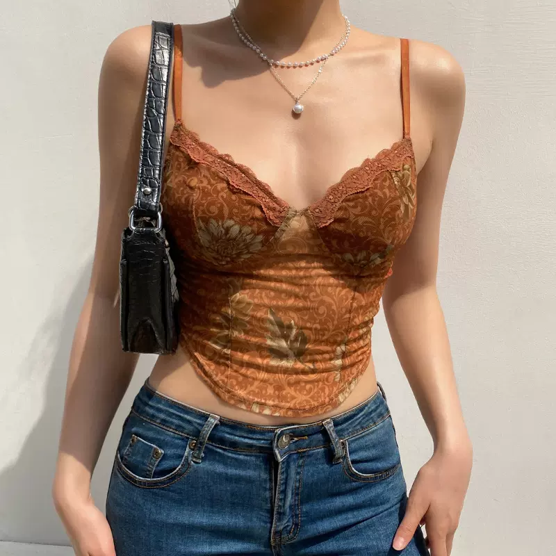 Cross border 潮流小众特色印花网纱胸型吊带背心辣妹外穿