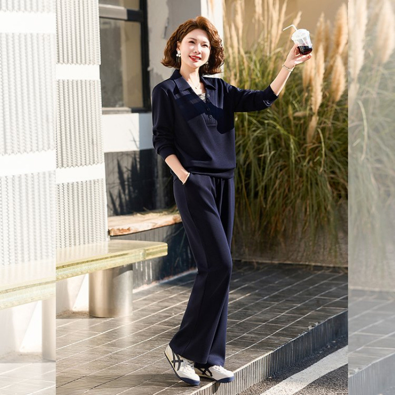 Middle-Aged and Elderly Women's New Spring Fashion Sports Suit, Mom's Collared Top, Women's Spring Casual Two-Piece Set, Spring Outfit for Women
