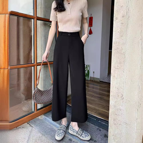 Black Women's Summer Thin Straight Leg High-Waisted Flowing Suit Pants for Loose Women Pear Shape 9/10 Length
