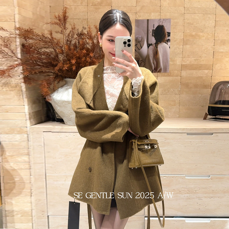 Xiuxixi 2025 New Winter Style Elegant Lady Lapel Strap Long-Sleeved Wool Outwear Women's Outwear 86103