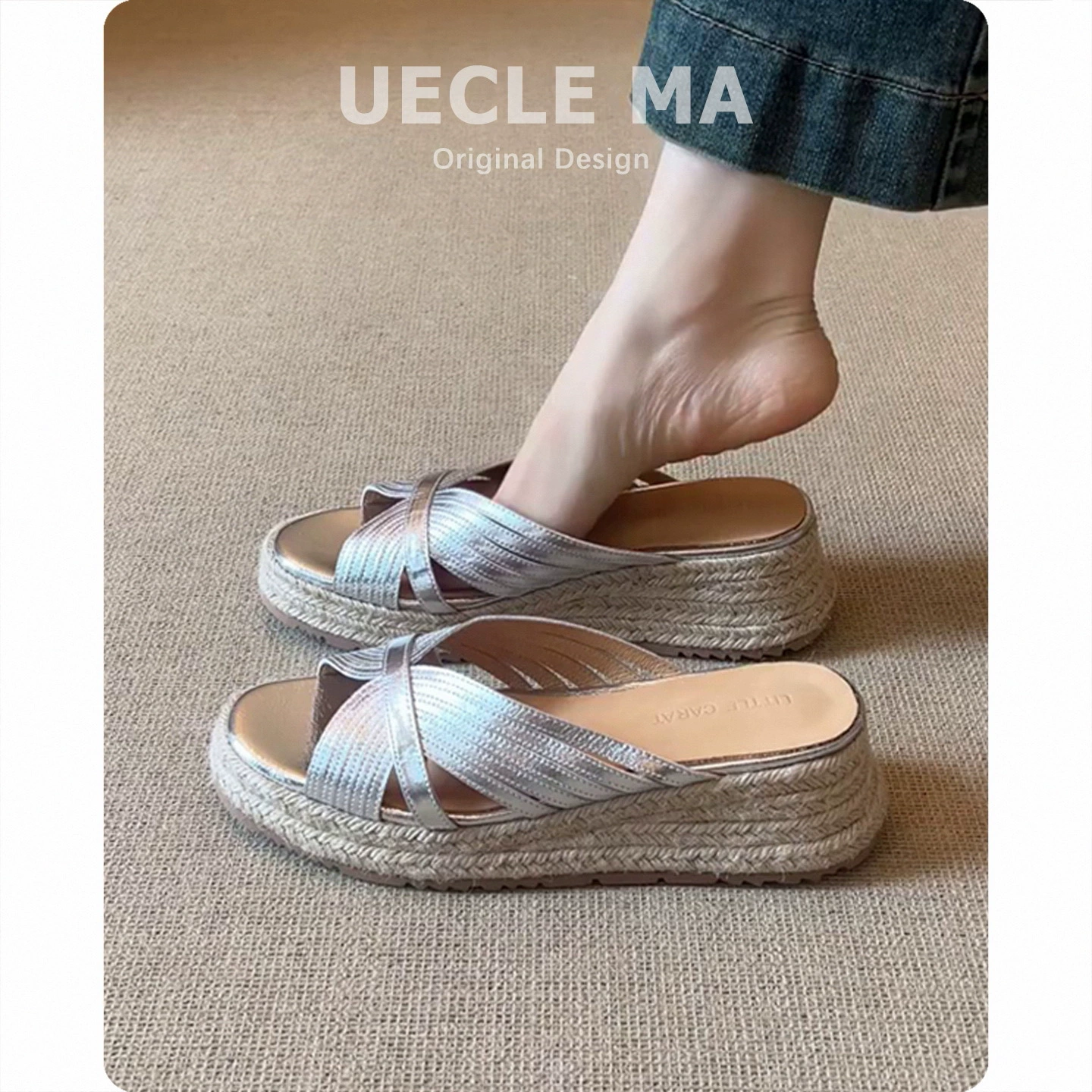 Sheepskin ~ Thick-soled slippers for women, summer outer wear, new silver Birkenstock shoes, matching skirts, linen-soled sandals