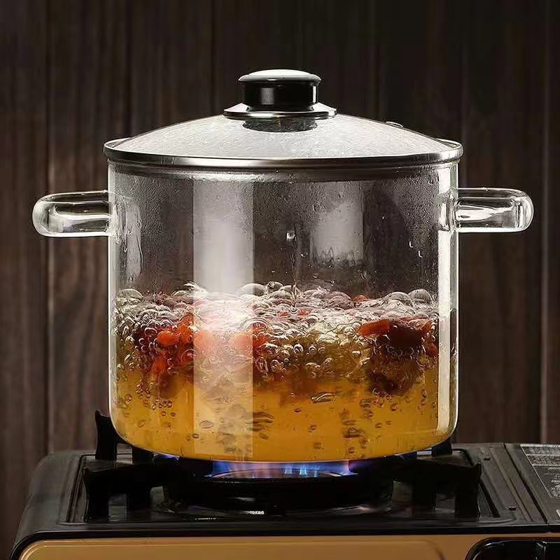 Olla de vidrio de doble oreja de gran capacidad con tapa al por mayor sopa de fideos instantáneos para el hogar olla de leche olla de cocina de vidrio de borosilicato