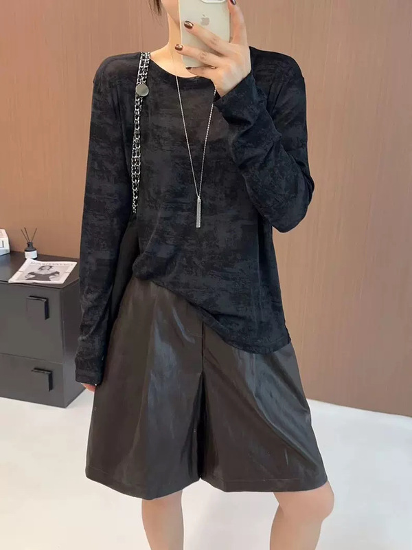 欧洲站2025早秋新款时尚复古扎染长袖T恤女宽松网纱打底衫上衣潮|undefined