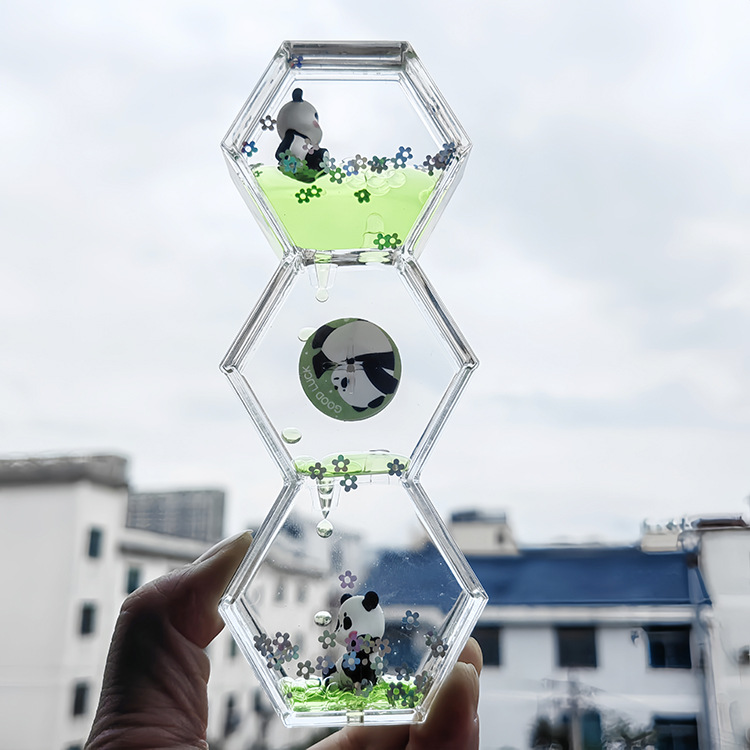 Acrílico transparente panda gota de aceite reloj de arena líquido botella de arena flotante regalo de cumpleaños para niños decoración de escritorio de oficina