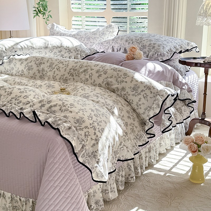 Class A knitted cotton double-layer yarn bed cover four-piece set spring and summer Korean-style lotus leaf lace quilt cover cotton bed cover three-piece set
